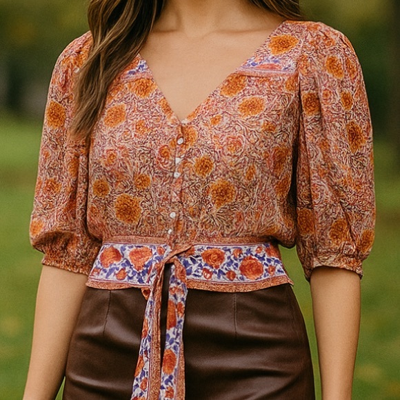Rachel‎ Zoe Cropped Boho V-front Tie-Front Floral Linen Top Orange & Purple - Picture 1 of 14